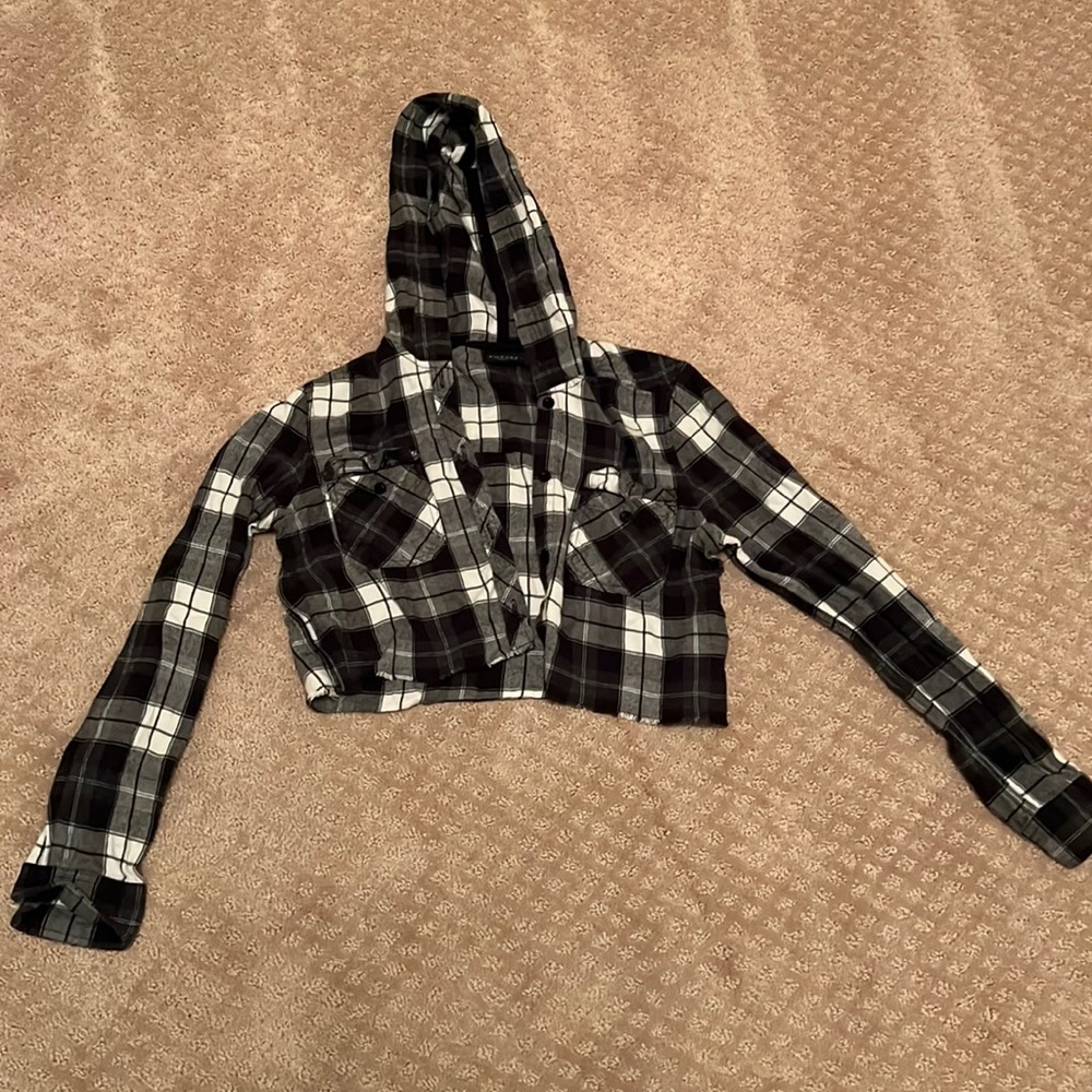 Womens cropped button up flannel with hood